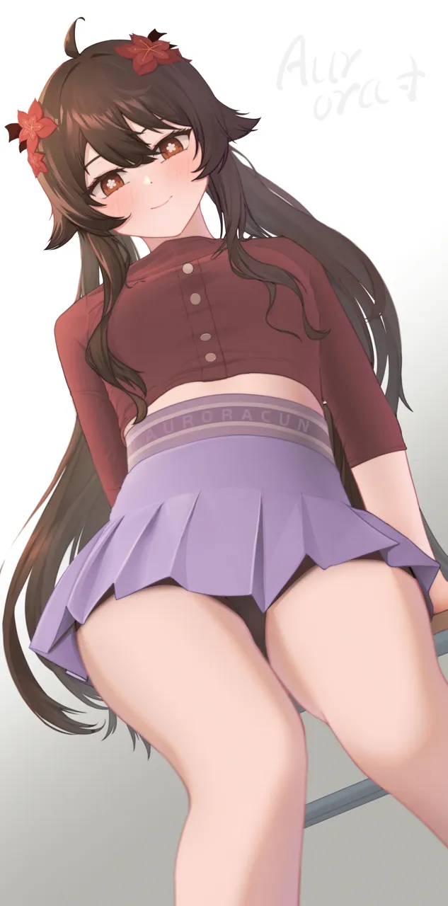 1girl bare_legs blush brown_hair buttons chair closed_mouth feet_out_of_frame flower flower_shaped_pupils from_below gradient_background hair_flower hair_ornament long_hair long_sleeves looking_at_viewer midriff_peek pleated_skirt purple_skirt red_eyes red_shirt shirt simple_background sitting skirt smile solo symbol_shaped_pupils thighs twintails hnbsgy genshin_impact hu_tao__genshin_impact