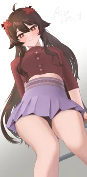 1girl bare_legs blush brown_hair buttons chair closed_mouth feet_out_of_frame flower flower_shaped_pupils from_below gradient_background hair_flower hair_ornament long_hair long_sleeves looking_at_viewer midriff_peek pleated_skirt purple_skirt red_eyes red_shirt shirt simple_background sitting skirt smile solo symbol_shaped_pupils thighs twintails hnbsgy genshin_impact hu_tao__genshin_impact