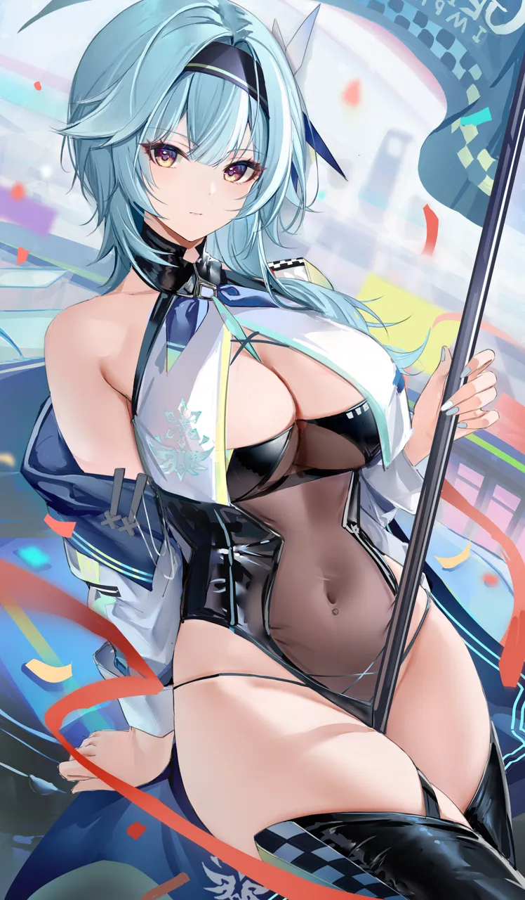 1girl alternate_costume arm_support asymmetrical_hair between_breasts bikini bikini_under_clothes black_bikini black_hairband black_leotard black_thighhighs blue_hair blue_nails blurry blurry_background blush breasts checkered_clothes cleavage closed_mouth confetti congqian_you_ke_xing covered_navel crop_top eula__genshin_impact expressionless flag genshin_impact gradient_eyes hair_ornament hairband holding holding_flag holding_pole jacket large_breasts leotard long_sleeves looking_at_viewer medium_hair multicolored_eyes nail_polish navel navel_piercing off_shoulder open_clothes open_jacket piercing pole purple_eyes race_queen see_through_clothes sidelocks single_bare_shoulder solo stomach swimsuit thighhighs thighs yellow_eyes