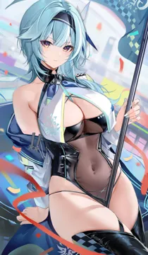 1girl alternate_costume arm_support asymmetrical_hair between_breasts bikini bikini_under_clothes black_bikini black_hairband black_leotard black_thighhighs blue_hair blue_nails blurry blurry_background blush breasts checkered_clothes cleavage closed_mouth confetti congqian_you_ke_xing covered_navel crop_top eula__genshin_impact expressionless flag genshin_impact gradient_eyes hair_ornament hairband holding holding_flag holding_pole jacket large_breasts leotard long_sleeves looking_at_viewer medium_hair multicolored_eyes nail_polish navel navel_piercing off_shoulder open_clothes open_jacket piercing pole purple_eyes race_queen see_through_clothes sidelocks single_bare_shoulder solo stomach swimsuit thighhighs thighs yellow_eyes