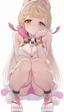 1girl animal_ears blonde_hair blush breasts cleavage closed_mouth dress feet flip_flops heterochromia large_breasts light_frown long_hair looking_at_viewer orange_eyes panties pantyshot pink_panties pleated_dress rabbit_ears rabbit_girl red_eyes sandals short_dress simple_background sleeveless sleeveless_dress solo squatting toes underwear white_dress bitseon zenless_zone_zero alice_thymefield alice_thymefield__sea_of_thyme