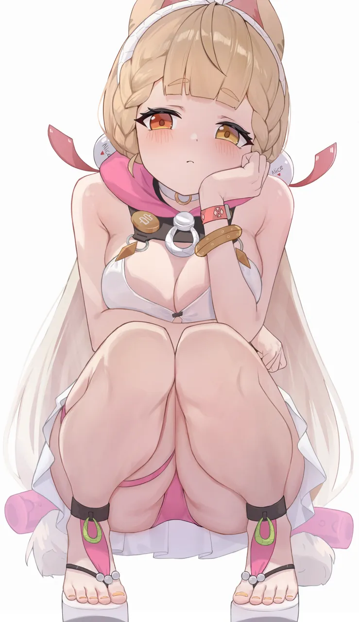 1girl animal_ears blonde_hair blush breasts cleavage closed_mouth dress feet flip_flops heterochromia large_breasts light_frown long_hair looking_at_viewer orange_eyes panties pantyshot pink_panties pleated_dress rabbit_ears rabbit_girl red_eyes sandals short_dress simple_background sleeveless sleeveless_dress solo squatting toes underwear white_dress bitseon zenless_zone_zero alice_thymefield alice_thymefield__sea_of_thyme