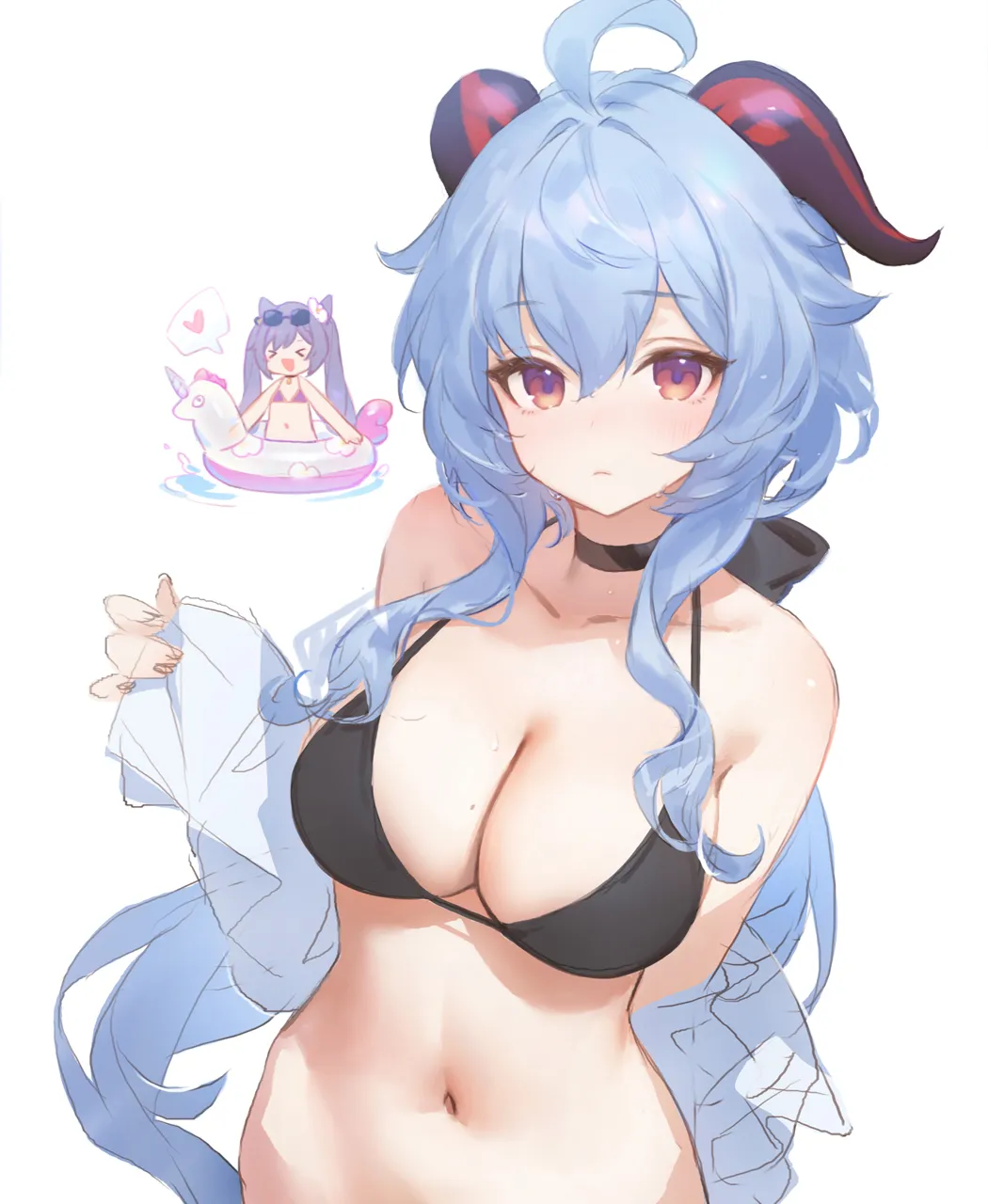 2girls ahoge bikini black_bikini black_choker blue_hair breasts choker cleavage collarbone eyewear_on_head goat_horns hair_between_eyes heart horns innertube large_breasts long_hair looking_at_viewer multiple_girls navel purple_eyes purple_hair simple_background sketch smile solo_focus spoken_heart swim_ring swimsuit twintails wet white_background xd adelie_cat genshin_impact ganyu__genshin_impact keqing__genshin_impact