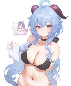 2girls ahoge bikini black_bikini black_choker blue_hair breasts choker cleavage collarbone eyewear_on_head goat_horns hair_between_eyes heart horns innertube large_breasts long_hair looking_at_viewer multiple_girls navel purple_eyes purple_hair simple_background sketch smile solo_focus spoken_heart swim_ring swimsuit twintails wet white_background xd adelie_cat genshin_impact ganyu__genshin_impact keqing__genshin_impact