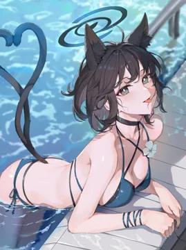 1girl animal_ears bikini black_choker black_eyes black_hair black_tail blue_bikini blue_halo blue_tail breasts bright_pupils cat_ears cat_girl cat_tail choker cleavage criss_cross_straps fingernails gradient_tail halo heart heart_tail layered_bikini looking_at_viewer multiple_tails nail_polish official_alternate_costume partially_submerged poolside short_hair side_tie_bikini_bottom solo swimsuit tail tongue tongue_out two_tails white_pupils hokori_sakuni blue_archive kikyou__blue_archive kikyou__swimsuit__blue_archive