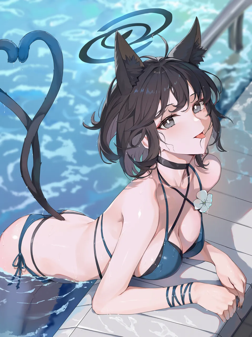 1girl animal_ears bikini black_choker black_eyes black_hair black_tail blue_bikini blue_halo blue_tail breasts bright_pupils cat_ears cat_girl cat_tail choker cleavage criss_cross_straps fingernails gradient_tail halo heart heart_tail layered_bikini looking_at_viewer multiple_tails nail_polish official_alternate_costume partially_submerged poolside short_hair side_tie_bikini_bottom solo swimsuit tail tongue tongue_out two_tails white_pupils hokori_sakuni blue_archive kikyou__blue_archive kikyou__swimsuit__blue_archive