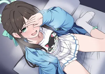1girl aqua_bow aqua_eyes aqua_halo bed blue_jacket blush bow breath brown_hair collarbone covering_face from_above grey_background hair_bow halo implied_after_sex jacket long_hair miniskirt no_shoes official_alternate_costume on_bed open_clothes open_jacket open_mouth pleated_skirt pussy_juice_stain shirt sitting skirt smile socks solo stained_sheets thighs wariza white_shirt white_skirt white_socks 0haribo0 blue_archive airi__band__blue_archive airi__blue_archive