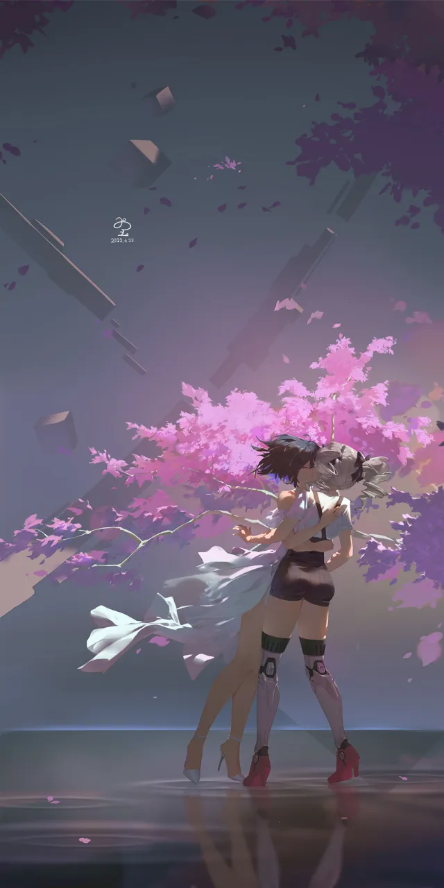 2girls black_bow black_hair black_shorts blonde_hair bow closed_eyes dated dress drill_hair full_body hair_bow hug kiss medium_hair multiple_girls outdoors overall_shorts overalls pocket prosthesis prosthetic_leg reflection shirt short_sleeves shorts standing tree twin_drills white_dress white_shirt yuri ribao honkai__series honkai_impact_3rd bronya_zaychik bronya_zaychik__wolf_s_dawn seele_vollerei