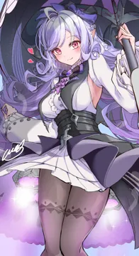 1girl ahoge armpits blush breasts brown_pantyhose heart holding holding_umbrella long_hair long_sleeves looking_at_viewer medium_breasts mole mole_under_eye pantyhose pointy_ears purple_hair red_eyes smile solo umbrella white_hair amaxa zenless_zone_zero vivian__zenless_zone_zero
