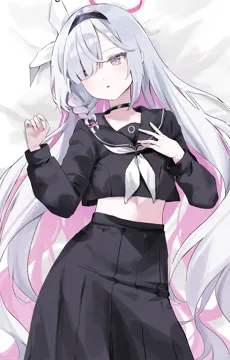 1girl bed_sheet black_choker black_hairband black_sailor_collar black_serafuku black_shirt black_skirt bow braid choker colored_inner_hair cowboy_shot crop_top crop_top_overhang eyes_visible_through_hair from_above grey_hair hair_bow hair_ornament hair_over_one_eye hair_spread_out hairband halo hand_on_own_chest hands_up high_waist_skirt long_hair long_sleeves looking_to_the_side lying midriff multicolored_hair neckerchief on_back parted_lips pink_hair pink_halo puffy_long_sleeves puffy_sleeves sailor_collar school_uniform serafuku shirt skirt solo two_tone_hair very_long_hair white_bow white_neckerchief nakony blue_archive plana__blue_archive