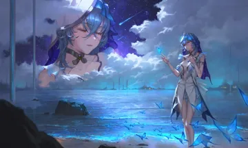 1girl blue_butterfly blue_veil breasts bug butterfly butterfly_on_hand cleavage closed_eyes cloud colored_eyelashes dress large_breasts multiple_views night night_sky outdoors purple_eyes sand shore sky standing star__sky starry_sky two_tone_veil veil water white_dress white_veil sib__9obsl wuthering_waves shorekeeper__wuthering_waves