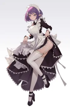 1girl apron apron_lift black_dress black_shoes blue_eyes clothes_lift dress dress_lift frilled_apron frilled_hairband frills full_body garter_straps gradient_background hair_ornament hairband heart heart_hair_ornament lace_trimmed_dress lace_trim long_dress looking_at_viewer maid maid_apron maid_headdress platform_footwear platform_heels pointy_ears purple_hair shoes short_hair sidelocks simple_background solo standing standing_on_one_leg thighhighs white_apron white_thighhighs xzu