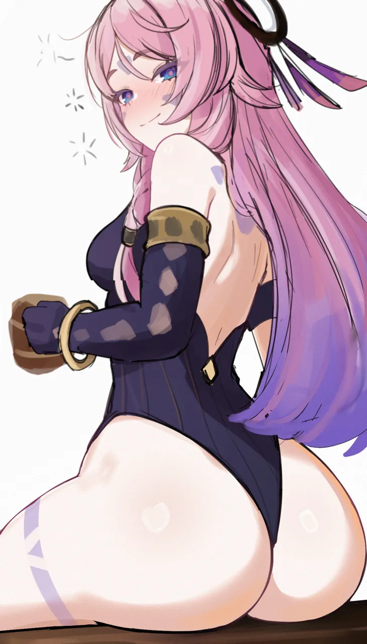 1girl ass bare_shoulders black_leotard blue_eyes blush braid breasts drunk facial_mark feathers floating_headgear forehead_mark from_behind hair_ornament headgear leotard long_hair looking_at_viewer pink_hair pink_pupils purple_feathers ring_hair_ornament sitting solo squeans tankard thigh_marking triangle triangle_facial_mark very_long_hair white_background mini2chainz genshin_impact citlali__genshin_impact