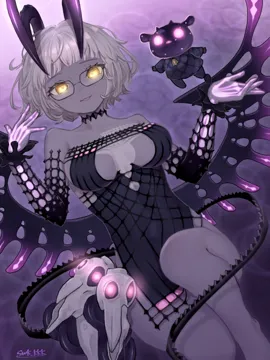 1girl baby_animal bare_shoulders black_dress breasts choker cleavage collarbone colored_skin detached_sleeves dress glasses glowing glowing_eyes glowing_hand grey_hair grey_skin horns lamb large_breasts looking_at_viewer sheep short_dress short_hair skeletal_arm smile solo yellow_eyes suwa__swk_kkk fate_grand_order fate__series baphomet__fate jacques_de_molay__foreigner__fate jacques_de_molay__foreigner__third_ascension__fate