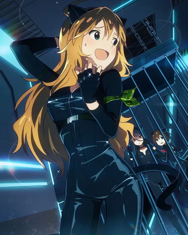 3girls animal_ears blonde_hair blue_eyes bodysuit brown_hair cat_ears cat_tail catsuit choker fingerless_gloves gloves green_eyes multiple_girls open_mouth tail trapped idolmaster idolmaster__classic idolmaster_million_live baba_konomi hoshii_miki mogami_shizuka