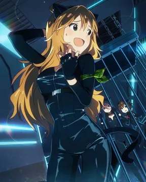 3girls animal_ears blonde_hair blue_eyes bodysuit brown_hair cat_ears cat_tail catsuit choker fingerless_gloves gloves green_eyes multiple_girls open_mouth tail trapped idolmaster idolmaster__classic idolmaster_million_live baba_konomi hoshii_miki mogami_shizuka