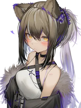 1girl animal_ears bare_shoulders black_choker black_jacket blush breasts brown_hair choker freckles fur_trim grey_hair hair_between_eyes heart jacket lipstick_mark looking_at_viewer multicolored_hair off_shoulder official_alternate_costume ponytail purple_hair raccoon_ears shirt sidelocks simple_background sleeveless sleeveless_shirt small_breasts solo streaked_hair upper_body white_background white_shirt yellow_eyes tab_head arknights robin__arknights robin__gift_of_wild__arknights