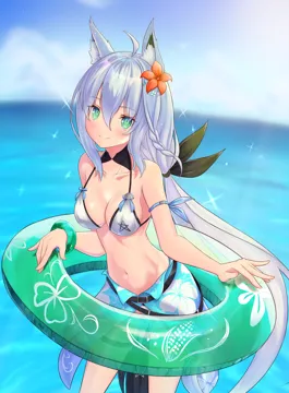 1girl ahoge animal_ears beach belt bikini blurry blurry_background bracelet breasts cleavage collarbone day flower fox_ears fox_girl fox_tail green_eyes hair_between_eyes hair_flower hair_ornament innertube jewelry long_hair looking_at_viewer medium_breasts navel ocean outdoors sky smile solo standing swim_ring swimsuit tail virtual_youtuber white_hair cocoablue23 hololive shirakami_fubuki__hololive