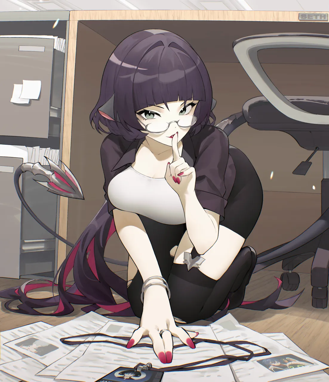 1girl animal_ears belle__zenless_zone_zero black_footwear black_jacket black_pantyhose black_thighhighs blunt_bangs bracelet drawer eous__zenless_zone_zero finger_to_mouth full_body glasses grey_eyes hair_intakes hand_up id_card indoors jacket jane_doe__zenless_zone_zero jewelry juffles kneeling lipstick long_hair long_tail looking_at_viewer makeup mouse_ears mouse_girl mouse_tail office office_lady open_clothes open_jacket pantyhose paper parted_lips purple_hair red_nails ring shirt shushing single_leg_pantyhose solo swivel_chair tail thighhighs torn_clothes torn_pantyhose torn_thighhighs very_long_hair white_shirt wise__zenless_zone_zero zenless_zone_zero