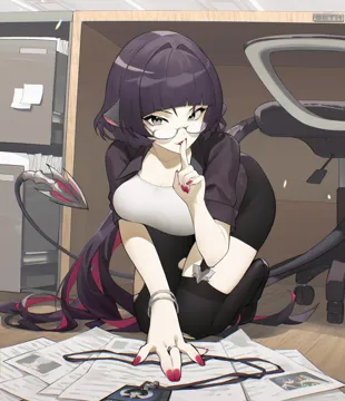 1girl animal_ears belle__zenless_zone_zero black_footwear black_jacket black_pantyhose black_thighhighs blunt_bangs bracelet drawer eous__zenless_zone_zero finger_to_mouth full_body glasses grey_eyes hair_intakes hand_up id_card indoors jacket jane_doe__zenless_zone_zero jewelry juffles kneeling lipstick long_hair long_tail looking_at_viewer makeup mouse_ears mouse_girl mouse_tail office office_lady open_clothes open_jacket pantyhose paper parted_lips purple_hair red_nails ring shirt shushing single_leg_pantyhose solo swivel_chair tail thighhighs torn_clothes torn_pantyhose torn_thighhighs very_long_hair white_shirt wise__zenless_zone_zero zenless_zone_zero