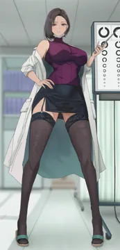 1girl bare_shoulders black_thighhighs blush breasts coat eye_chart full_body garter_straps hair_behind_ear hand_on_own_hip holding holding_pointer indoors kesoshirou lab_coat landolt_c large_breasts legs_apart long_sleeves looking_at_viewer mask mask_pull mouth_mask off_shoulder parted_lips pencil_skirt pointer purple_eyes school_nurse school_nurse__kesoshirou short_hair side_slit single_garter_strap skirt sleeveless sleeveless_turtleneck sleeves_rolled_up solo standing surgical_mask thighhighs thighs tiptoes turtleneck white_coat
