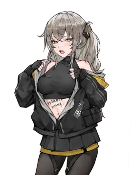 1girl black_gloves black_jacket black_pantyhose black_skirt black_undershirt blush body_writing breasts collarbone cropped_shirt fingerless_gloves gloves grey_hair hair_between_eyes hot jacket long_hair long_sleeves looking_at_viewer medium_breasts one_side_up open_clothes open_jacket open_mouth pantyhose pleated_skirt shirt sidelocks simple_background skirt sleeveless sleeveless_shirt solo sweat tongue tongue_out white_background gdhs girls__frontline ump45__girls__frontline