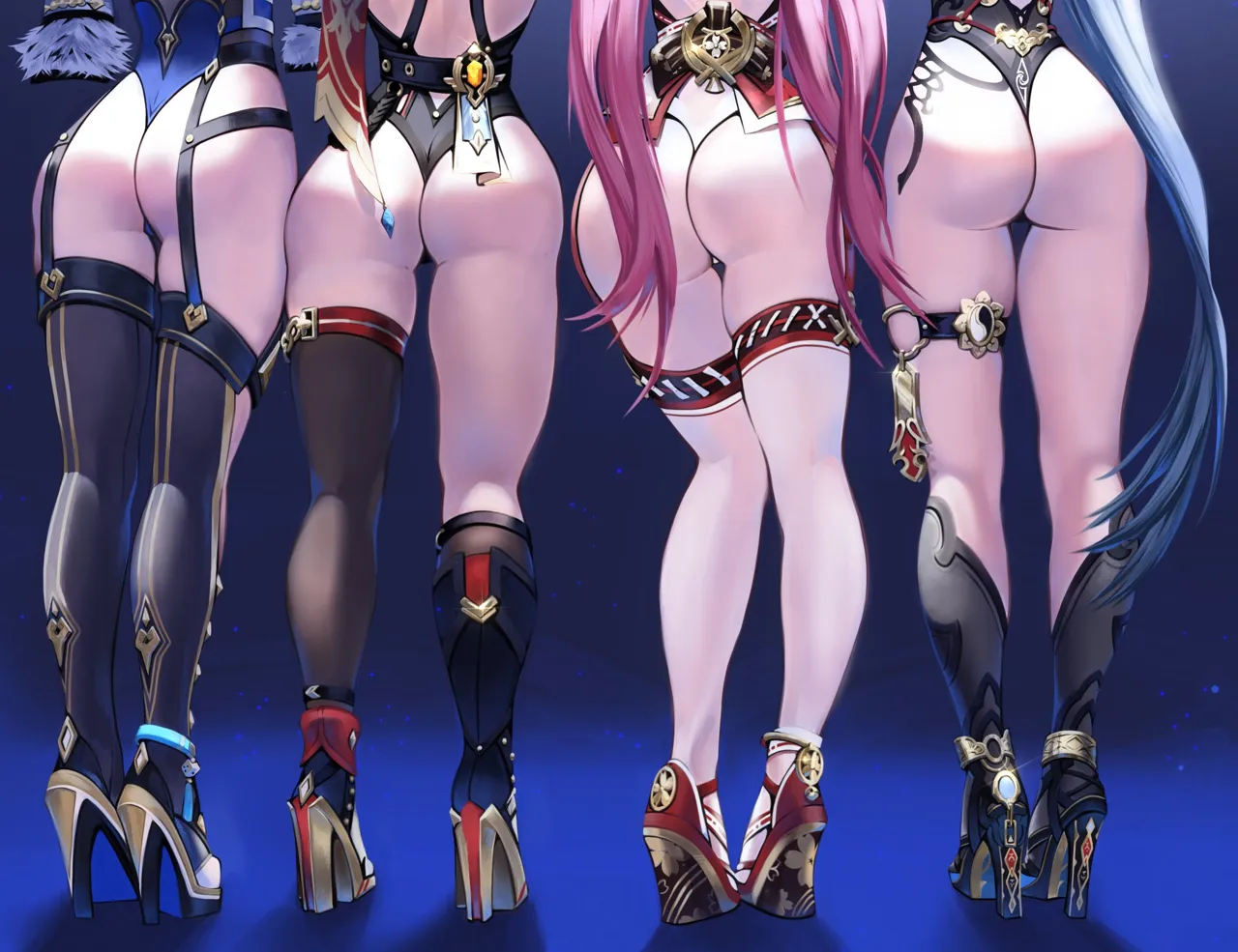 4girls ass ass_focus asymmetrical_footwear asymmetrical_legwear black_footwear black_thighhighs blue_background boots company_connection from_behind garter_straps genshin_impact hanya__honkai__star_rail high_heel_boots high_heels honkai__series honkai__star_rail knee_boots kneehighs kneepits legs legs_together leotard lineup long_hair lower_body lunart mihoyo multiple_girls pink_hair print_footwear red_footwear shin_strap side_by_side single_knee_boot single_kneehigh single_sock single_thighhigh socks standing thigh_gap thighhighs thong_leotard topaz__honkai__star_rail uneven_footwear uneven_legwear very_long_hair wedge_heels white_thighhighs yae_miko yelan__genshin_impact