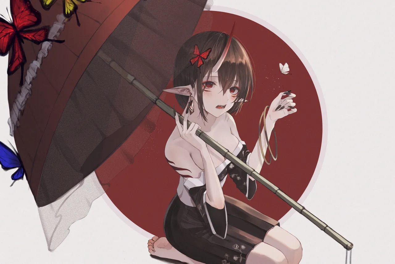 1girl bare_legs barefoot black_nails blue_butterfly breasts bug butterfly detached_sleeves eyebrows_hidden_by_hair fingernails food hair_between_eyes holding holding_umbrella horns long_fingernails looking_at_viewer off_shoulder oni_horns onigiri open_mouth pointy_ears red_butterfly seiza single_horn sitting solo umbrella white_butterfly yellow_butterfly sihana156