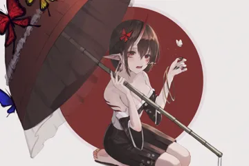 1girl bare_legs barefoot black_nails blue_butterfly breasts bug butterfly detached_sleeves eyebrows_hidden_by_hair fingernails food hair_between_eyes holding holding_umbrella horns long_fingernails looking_at_viewer off_shoulder oni_horns onigiri open_mouth pointy_ears red_butterfly seiza single_horn sitting solo umbrella white_butterfly yellow_butterfly sihana156