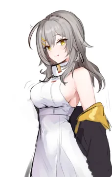 1girl bare_shoulders black_jacket breasts cowboy_shot dress grey_hair jacket large_breasts long_hair looking_at_viewer off_shoulder simple_background sleeveless sleeveless_dress solo standing tongue tongue_out white_background white_dress yellow_eyes mini2chainz honkai__star_rail honkai__series stelle__honkai__star_rail trailblazer__honkai__star_rail