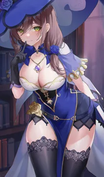 1girl black_gloves black_thighhighs blue_dress blue_flower blue_hat blue_rose book bookshelf breasts brown_hair capelet cleavage dress flower genshin_impact gloves green_eyes hair_between_eyes hair_flower hair_ornament hand_up hat holding holding_book index_finger_raised indoors large_breasts lisa__genshin_impact long_hair nekomierika pelvic_curtain rose solo thighhighs thighs witch_hat