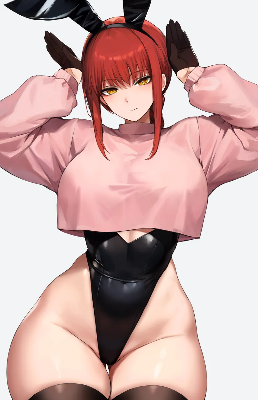 1girl alternate_costume animal_ears ass_visible_through_thighs bare_hips black_gloves black_leotard black_thighhighs breasts chainsaw_man closed_mouth cowboy_shot cropped_sweater curvy deyo__nicijyou fake_animal_ears gloves highleg highleg_leotard large_breasts leotard long_hair long_sleeves looking_at_viewer makima__chainsaw_man playboy_bunny rabbit_ears rabbit_pose red_hair ringed_eyes sidelocks simple_background solo thick_thighs thigh_gap thighhighs thighs white_background wide_hips yellow_eyes