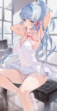 1girl adjusting_hair alternate_costume armpits arms_behind_head arms_up ballerina ballet ballet_slippers bare_shoulders blue_eyes blue_hair blunt_bangs blunt_tresses blush breasts choker cleavage collarbone covered_navel dress frilled_dress frills genshin_impact hair_between_eyes hair_ornament hair_ribbon hair_tie_in_mouth hand_in_own_hair hands_in_hair houkisei kamisato_ayaka light_particles long_hair looking_at_viewer medium_breasts mole mole_under_eye mouth_hold navel pantyhose ponytail ribbon sandals sidelocks sitting solo thighs tress_ribbon tutu tying_hair very_long_hair white_dress white_pantyhose
