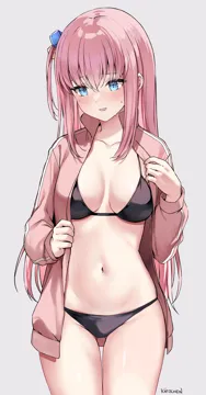 1girl ass_visible_through_thighs bikini black_bikini blue_eyes bocchi_the_rock breasts breasts_apart collarbone cowboy_shot cube_hair_ornament embarrassed gotoh_hitori hair_ornament hand_up jacket kaetzchen long_hair long_sleeves looking_down medium_breasts navel one_side_up open_clothes open_jacket open_mouth pink_hair pink_jacket raised_inner_eyebrows skindentation solo standing stomach string_bikini sweatdrop swimsuit thigh_gap thighs track_jacket