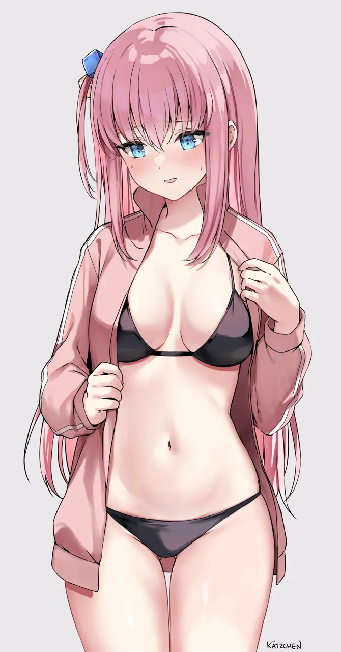 1girl ass_visible_through_thighs bikini black_bikini blue_eyes bocchi_the_rock breasts breasts_apart collarbone cowboy_shot cube_hair_ornament embarrassed gotoh_hitori hair_ornament hand_up jacket kaetzchen long_hair long_sleeves looking_down medium_breasts navel one_side_up open_clothes open_jacket open_mouth pink_hair pink_jacket raised_inner_eyebrows skindentation solo standing stomach string_bikini sweatdrop swimsuit thigh_gap thighs track_jacket
