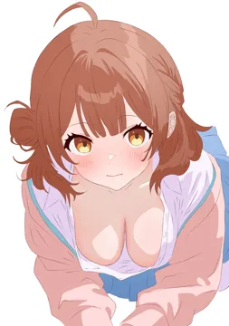 1girl ahoge all_fours blush breasts brown_cardigan brown_hair cardigan downblouse fang hair_bun hatsuboshi_gakuen_school_uniform looking_at_viewer medium_breasts school_uniform simple_background single_side_bun skin_fang solo white_background mana__uyvh7375 gakuen_idolmaster idolmaster hanami_ume__idolmaster