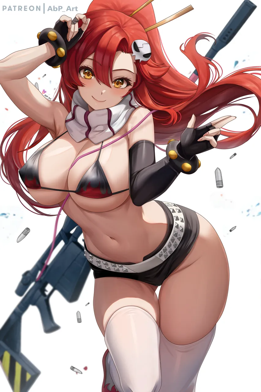 1girl abpart arm_up belt bikini bikini_top_only black_gloves breasts closed_mouth elbow_gloves fingerless_gloves gloves groin gun hair_ornament hand_up high_ponytail large_breasts navel no_shirt ponytail red_hair rifle scarf shell_casing short_shorts shorts skull_hair_ornament smile sniper_rifle solo stomach swimsuit tengen_toppa_gurren_lagann thigh_gap thighhighs thighs weapon white_belt white_thighhighs yellow_eyes yoko_littner