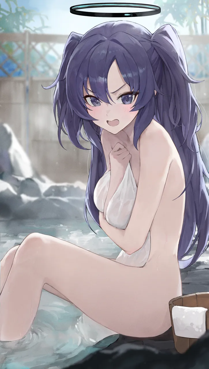 1girl angry ass blush breasts bucket covering_breasts covering_privates feet_out_of_frame from_side hair_between_eyes halo holding holding_towel long_hair looking_at_viewer mechanical_halo medium_breasts nude_cover onsen open_mouth outdoors purple_eyes purple_hair sitting soaking_feet solo steam towel two_side_up v_shaped_eyebrows water jiang_zhuti_jiojio blue_archive yuuka__blue_archive