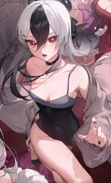 1girl black_choker black_dress black_hair black_horns black_nails blush breasts choker cleavage dress ear_piercing fingernails grey_hair hair_between_eyes horns long_hair looking_at_viewer mole mole_on_neck multicolored_hair nail_polish off_shoulder official_alternate_costume open_mouth piercing red_eyes small_breasts solo strap_slip thighs white_hair monoco55 blue_archive aru__blue_archive aru__dress__blue_archive kayoko__blue_archive kayoko__dress__blue_archive mutsuki__blue_archive