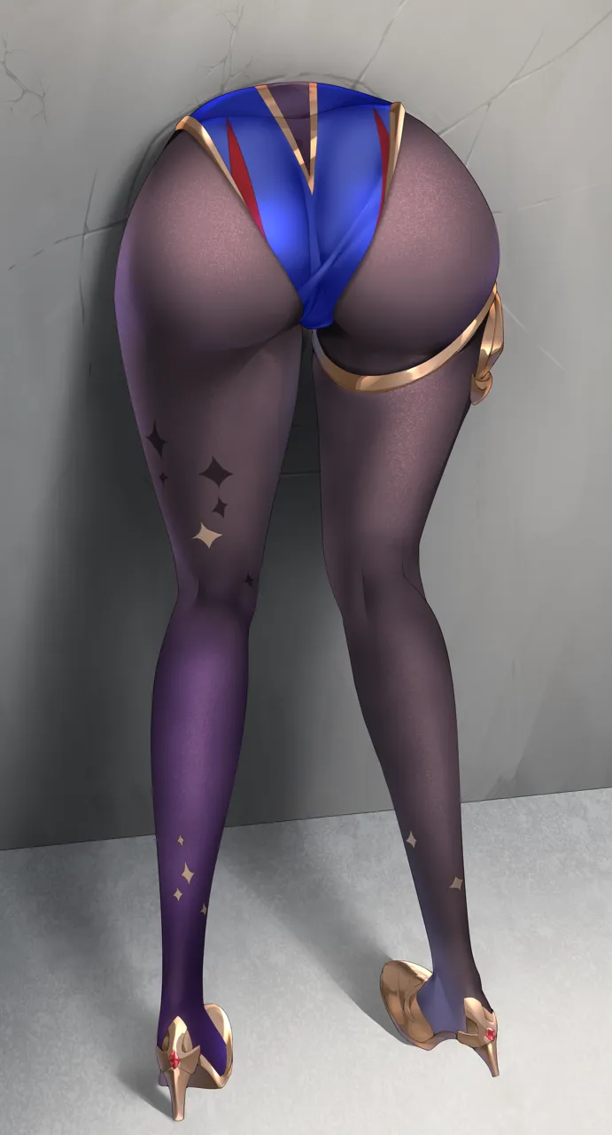 1girl ass black_pantyhose blue_leotard crack cracked_wall fine_fabric_emphasis from_behind genshin_impact glory_wall gradient_legwear high_heels jewelry legs leotard lower_body mona__genshin_impact mvv pantyhose print_pantyhose purple_pantyhose shoes solo sparkle_print stuck thighlet through_wall wall yellow_shoes