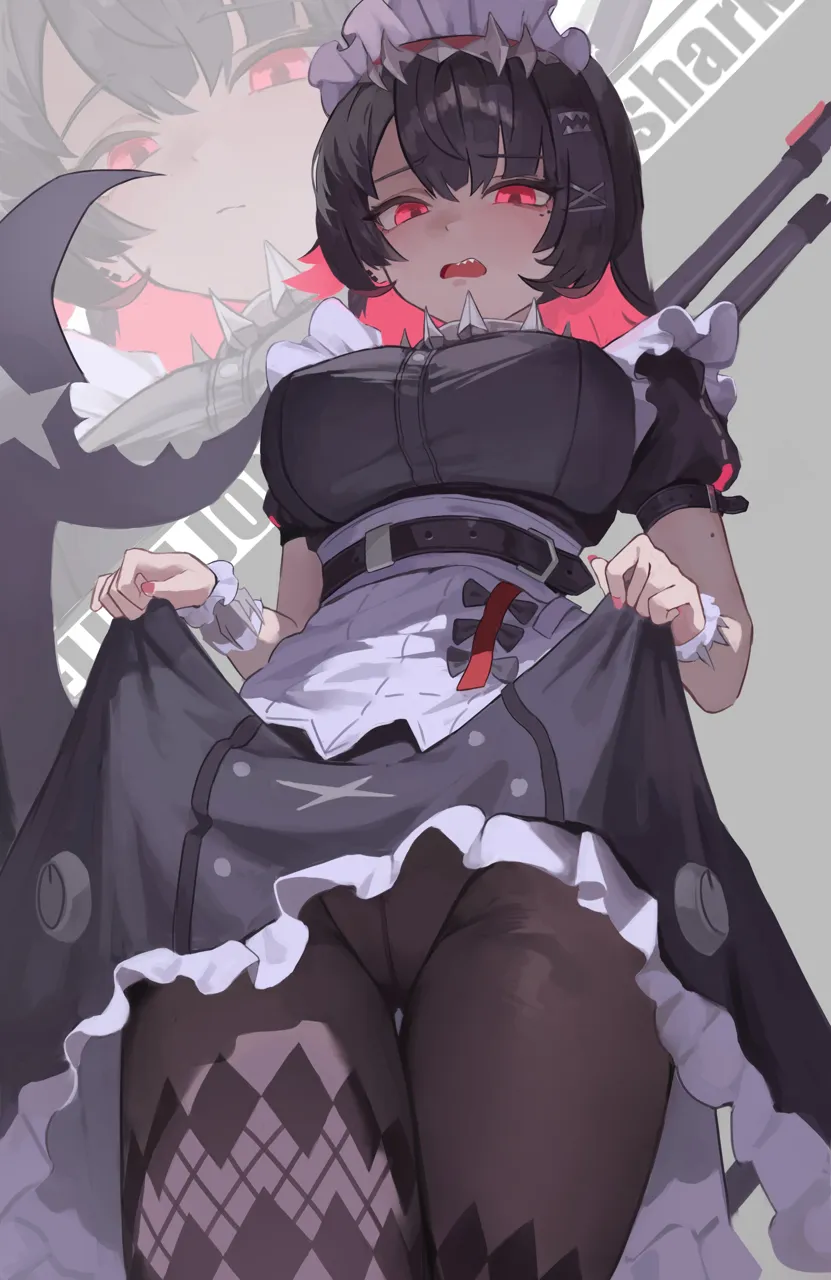 1girl black_dress black_hair black_pantyhose breasts character_name clothes_lift cowboy_shot crunchy__namtaehyeon1234 dress dress_lift ellen_joe fins fish_tail grey_background large_breasts maid maid_headdress medium_hair multicolored_hair pantyhose pink_hair red_eyes scar scar_on_tail shark_girl shark_tail sharp_teeth solo tail teeth two_tone_hair zenless_zone_zero