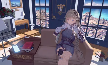 1girl arm_cutout black_gloves blonde_hair blue_dress blue_eyes blunt_bangs blush book book_stack candle cellphone charger chest_harness choppy_bangs couch crossed_legs day dot_nose dress feet_out_of_frame fingerless_gloves fireplace fishnet_pantyhose fishnets floor_lamp gloves gun hand_on_own_cheek hand_on_own_face handgun harness head_rest holding holding_gun holding_weapon holster indoors lamp long_hair long_sleeves looking_at_viewer low_braided_long_hair low_tied_long_hair painting__object pantyhose parted_lips phone ribbed_dress rug screen_light shrug__clothing sidelocks sitting smartphone solo teeth thigh_holster virtual_youtuber weapon white_shrug window window_shadow maria_onnette cattleya_regina_games vspo hanabusa_lisa__vspo hanabusa_lisa__4th_costume__vspo
