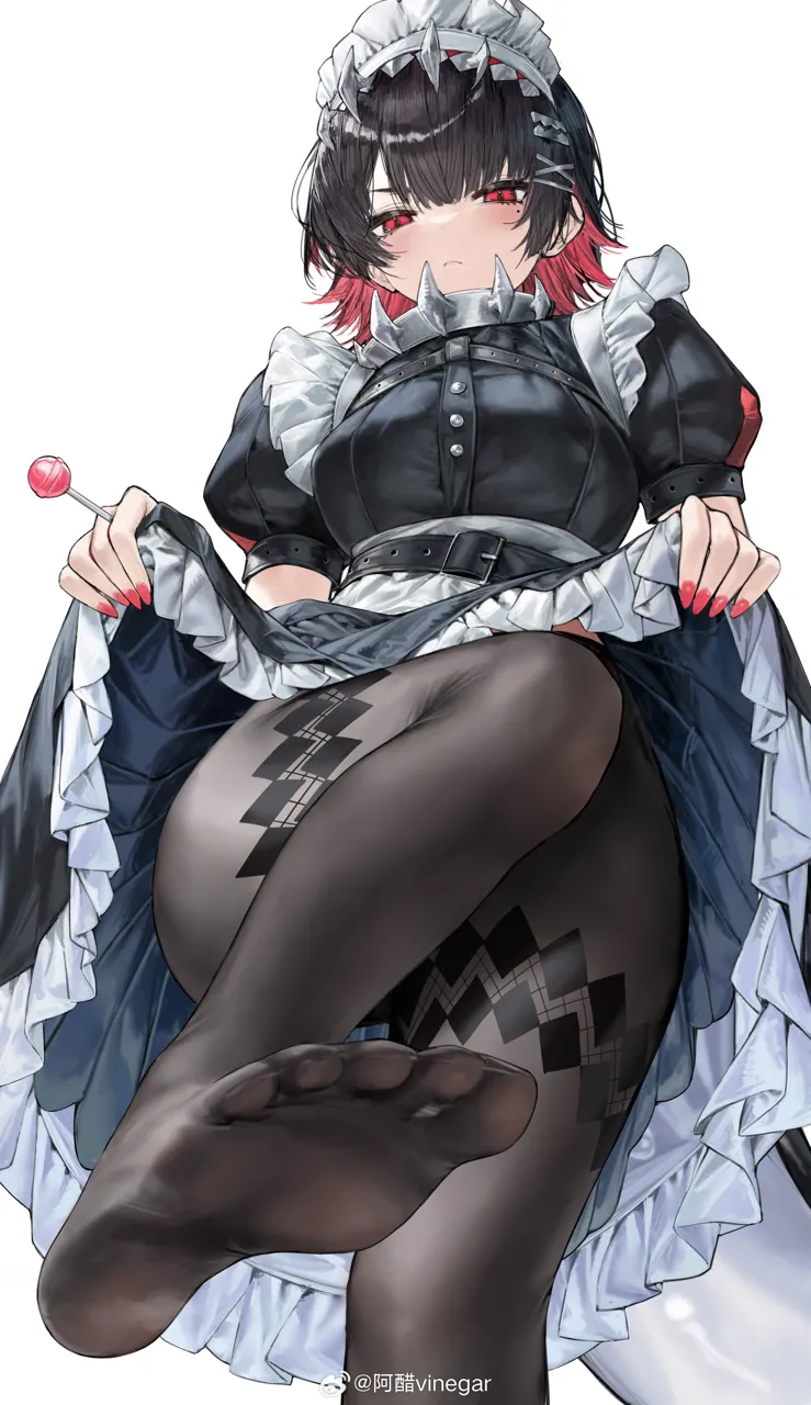 1girl black_dress black_hair black_pantyhose candy clothes_lift colored_inner_hair dress dress_lift ellen_joe feet food foot_focus from_below frown hair_ornament holding holding_candy holding_food holding_lollipop legs lifting_own_clothes lollipop maid_headdress mole mole_under_eye multicolored_hair no_shoes pantyhose puffy_short_sleeves puffy_sleeves red_eyes red_hair red_nails short_sleeves simple_background skirt_hold soles solo standing standing_on_one_leg stepped_on vinegar_kira watermark weibo_watermark white_background x_hair_ornament zenless_zone_zero