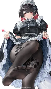 1girl black_dress black_hair black_pantyhose candy clothes_lift colored_inner_hair dress dress_lift ellen_joe feet food foot_focus from_below frown hair_ornament holding holding_candy holding_food holding_lollipop legs lifting_own_clothes lollipop maid_headdress mole mole_under_eye multicolored_hair no_shoes pantyhose puffy_short_sleeves puffy_sleeves red_eyes red_hair red_nails short_sleeves simple_background skirt_hold soles solo standing standing_on_one_leg stepped_on vinegar_kira watermark weibo_watermark white_background x_hair_ornament zenless_zone_zero