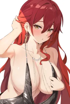 1girl alternate_costume armpits backless_dress backless_outfit band__skymole01 bare_shoulders black_dress blush breasts cleavage cocktail_dress collarbone dress earrings hair_between_eyes hand_up himeko__honkai__star_rail honkai__series honkai__star_rail jewelry large_breasts long_hair looking_at_viewer necklace no_bra parted_lips plunging_neckline red_hair revealing_clothes sideboob simple_background solo tucking_hair upper_body very_long_hair white_background white_dress yellow_eyes