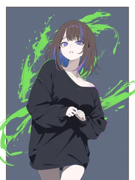 1girl alternate_costume bags_under_eyes black_shirt blue_background blue_hair blue_streaks border breasts brown_hair collarbone colored_inner_hair cowboy_shot forehead_tattoo long_sleeves looking_at_viewer looking_down medium_breasts medium_hair multicolored_hair oversized_clothes oversized_shirt own_hands_together paint_splatter parted_lips purple_eyes shirt sidelocks single_bare_shoulder single_off_shoulder solo streaked_hair thick_eyelashes thigh_gap virtual_youtuber white_border ogossi stellive airi_kanna__stellive