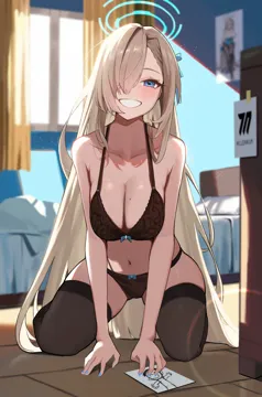 1girl asuna__blue_archive asuna__bunny__blue_archive bare_arms bare_shoulders bed black_bra black_panties black_thighhighs blonde_hair blue_archive blue_eyes blue_nails blue_ribbon blush bow bow_bra bow_panties bra breasts cleavage collarbone doodle_sensei__blue_archive hair_ornament hair_over_one_eye hair_ribbon halo harui__huruyi_817 indoors kneeling large_breasts long_hair looking_at_viewer mole mole_on_breast nail_polish navel one_eye_covered panties ribbon sensei__blue_archive smile solo thighhighs underwear underwear_only