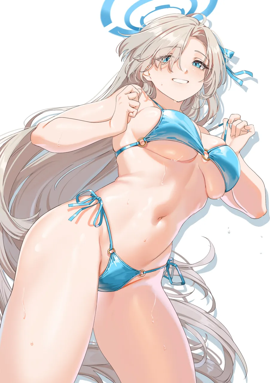 1girl alternate_costume asuna__blue_archive bare_arms bare_legs bare_shoulders bikini blonde_hair blue_archive blue_bikini blue_eyes blue_halo blue_ribbon blush breasts cowboy_shot fangxiang_cuoluan grin groin hair_over_one_eye hair_ribbon halo large_breasts long_hair navel o_ring o_ring_bikini ribbon side_tie_bikini_bottom sideboob simple_background smile solo stomach swimsuit underboob wet white_background