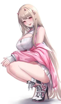 1girl breasts brown_hair cleavage fishnet_pantyhose fishnets goddess_of_victory__nikke high_heels holographic_clothing horns iridescent jacket kurone_rinka large_breasts long_hair looking_at_viewer open_mouth pantyhose pink_jacket red_eyes red_horns shoes simple_background skirt smile solo squatting very_long_hair viper__nikke white_background white_shoes white_skirt zipper