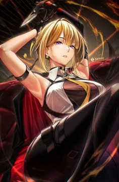 1girl armpits arms_up artist_name black_choker black_gloves black_pants black_ribbon blonde_hair breasts choker collared_shirt earrings elbow_gloves gloves holding holding_knife jewelry knife large_breasts looking_at_viewer mole mole_under_eye necktie pants parted_lips purple_eyes ribbon ring_hair_ornament shirt short_hair single_elbow_glove solo tight_clothes tight_pants white_shirt yellow_necktie kenn_artz zenless_zone_zero evelyn_chevalier